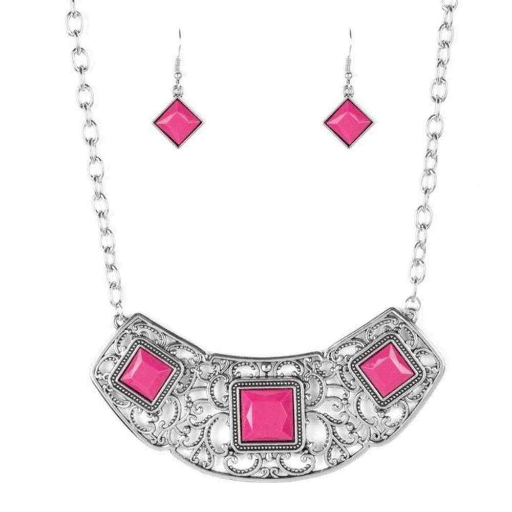 Pendant Necklace Earring Set Silver & Pink Paparazzi Feeling Indi NEW